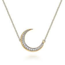 Lady's Yellow 14 Karat Crescent Moon, Stationary Necklace Length 17.5 With 0.20Tw Round H/I Si2 Diamonds