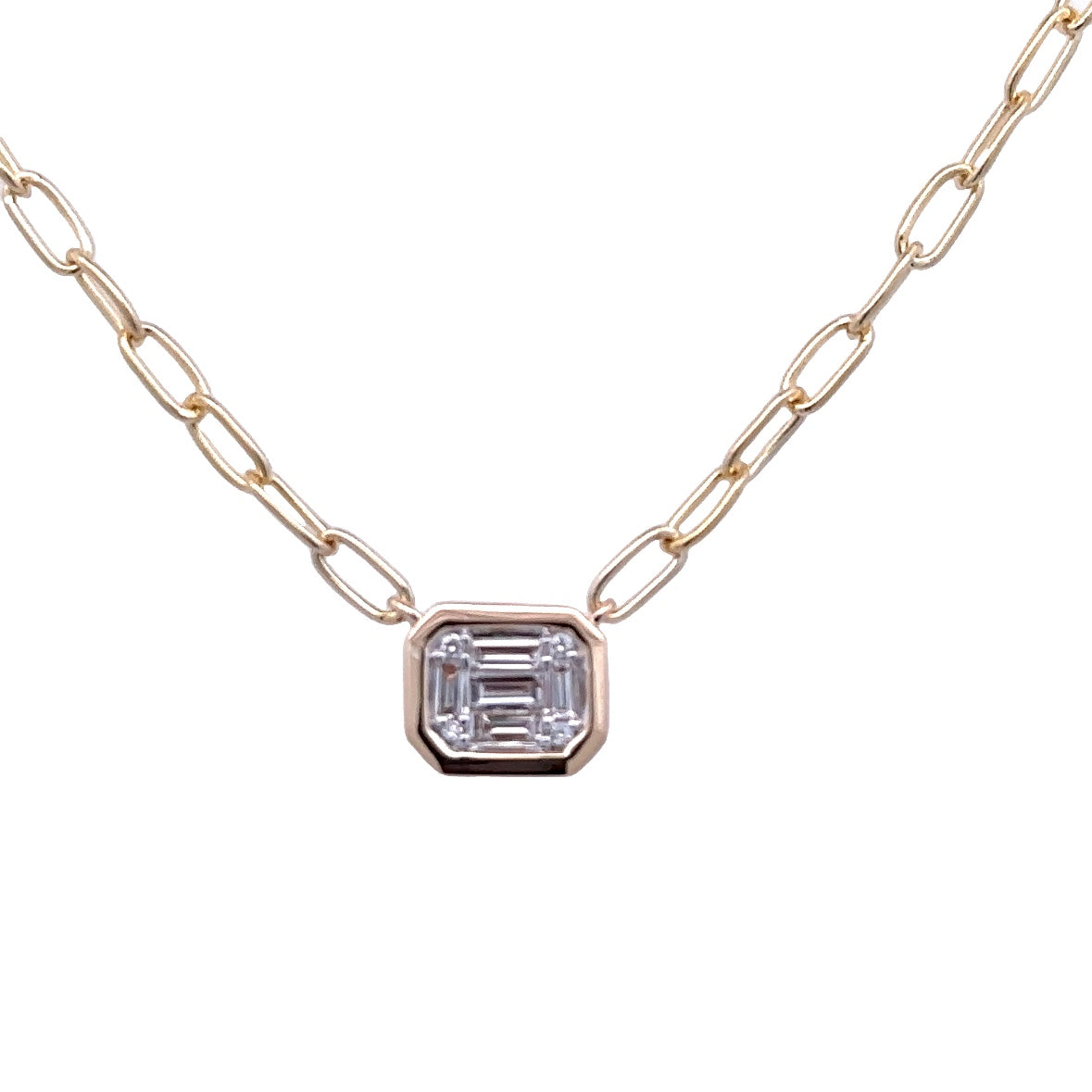 Lady's Yellow 14 Karat Cluster With Bezel Soldered Stationary Necklace Length 18 With 0.12Tw Baguette G/H Si1 Diamonds And 0.02Tw Round G/H Si1 Diamonds