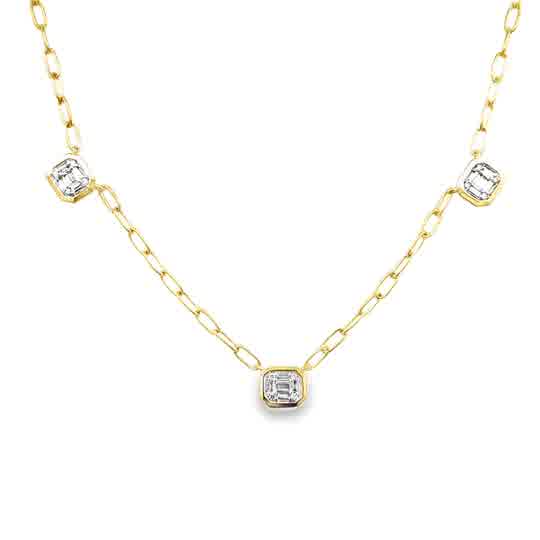 Lady's Yellow 14 Karat Paperclip With Three Bezel Stations Necklace Length 18 With = 0.20Tw Baguette G/H Vs2 Diamonds And = 0.05Tw Round G/H Si1 Diamonds