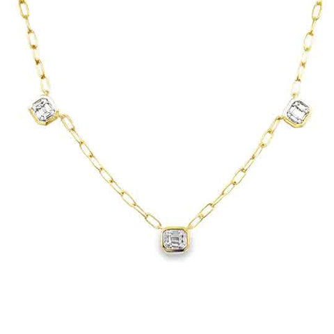 Lady's Yellow 14 Karat Paperclip With Three Bezel Stations Necklace Length 18 With = 0.20Tw Baguette G/H Vs2 Diamonds And = 0.05Tw Round G/H Si1 Diamonds