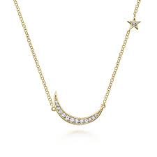 Lady's Yellow 14 Karat Crescent Moon Necklace Length 17.5 With 0.13Tw Round H/I Si2 Diamonds