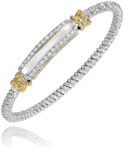 Lady's Tt Polished Sterling Silver/14Kt 4Mm Band Bracelet With Mother Of Pearl Bar With Halo Bracelet With One Recc Mother Of Pearl And 0.23Tw Round G/H Si1 Diamonds