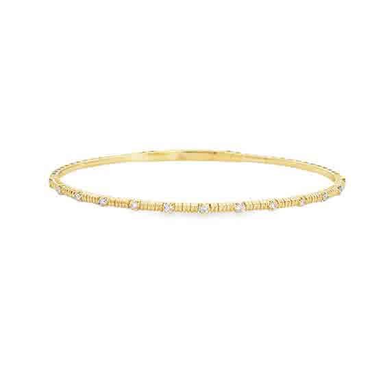 Lady's Yellow 14 Karat Beaded Station, Prong Set Flex Bangle Bracelet With 0.20Tw Round Diamonds