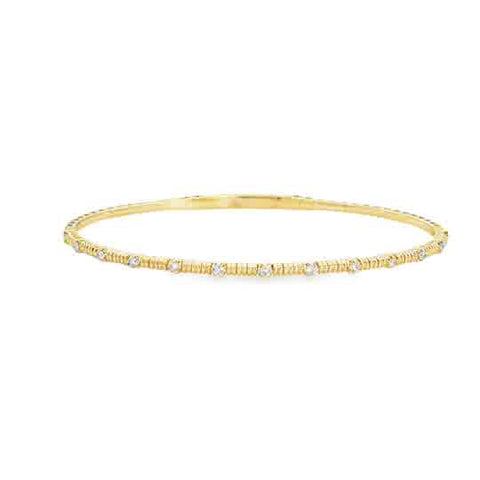Lady's Yellow 14 Karat Beaded Station, Prong Set Flex Bangle Bracelet With 0.20Tw Round Diamonds