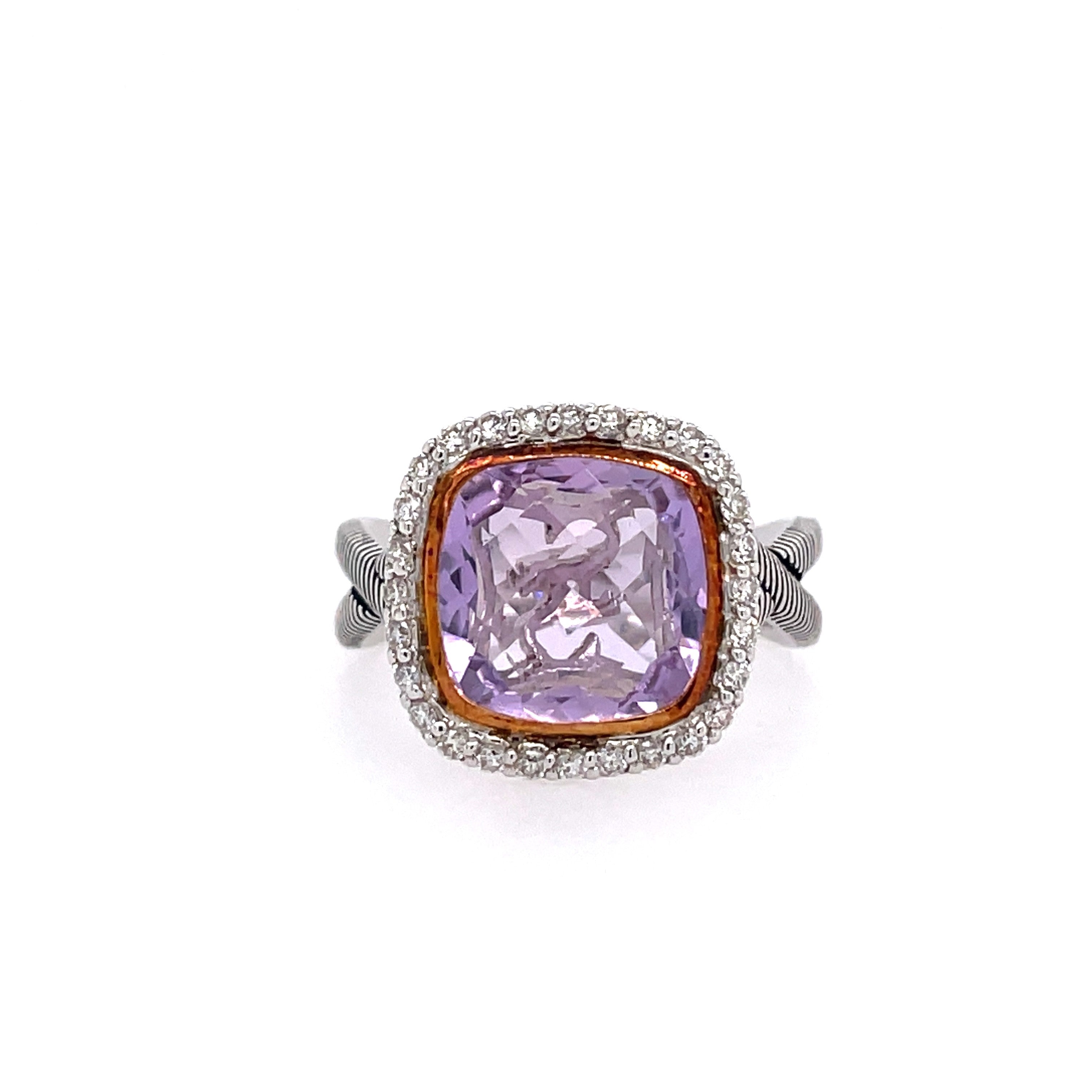 Lady's White Sterling Silver Cushion Halo With Criss Cross Fashion Fashion Ring Size 6.5 With One 3.97Ct Cushion Lavendar Amethyst And 28=0.28Tw Round G/H Si1 Diamonds Regularly $1500 Vendor Price $750

Purchases made from our Vendor Price case are not