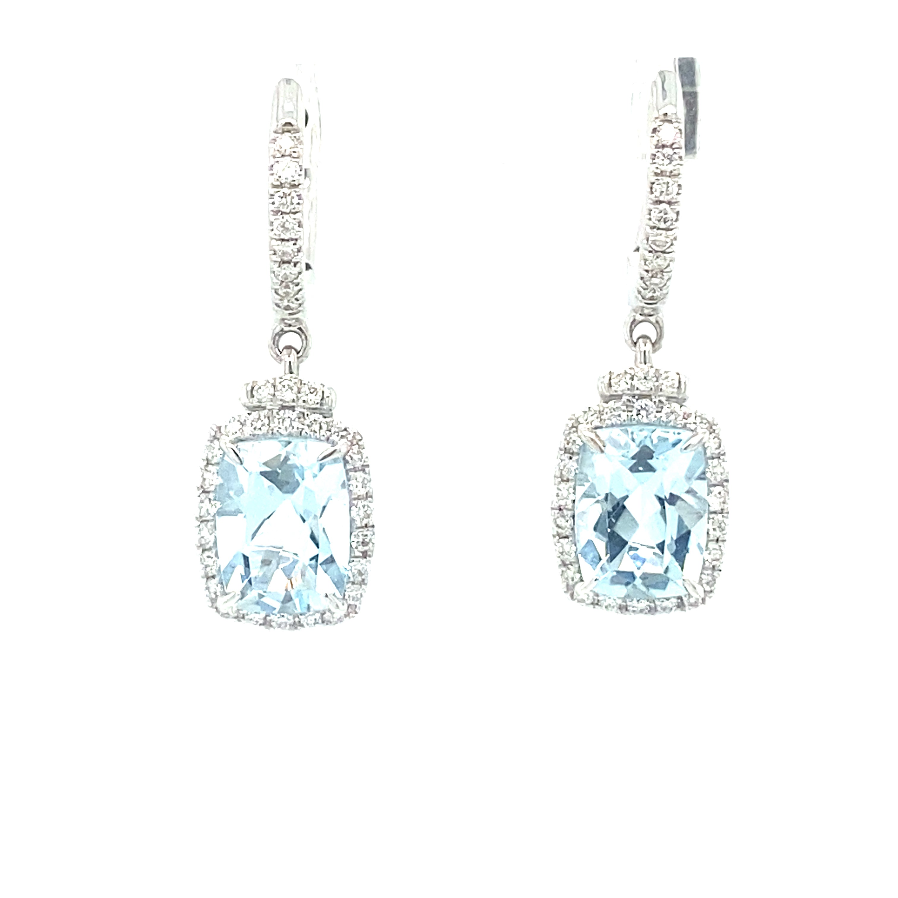 White Polished 14 Karat Elongated Halo Fashion Dangle Earrings Other With 2=2.55Tw Retangular Cushion Aquamarines And 0.30Tw Round G/H Si1 Diamonds