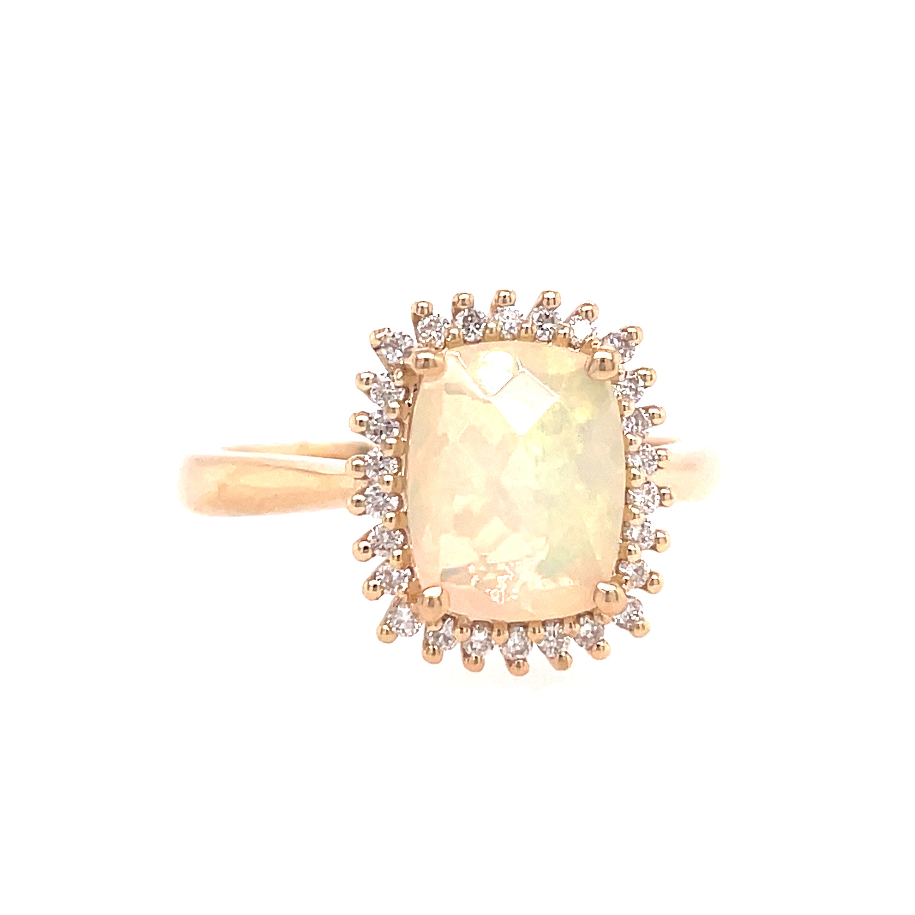 Lady's Yellow 14 Karat Rectangular Halo Fashion Fashion Ring Size 7 With 0.17Tw Round G/H Si1 Diamonds And One 1.33Ct Retangular Cushion Ethiopian Opal