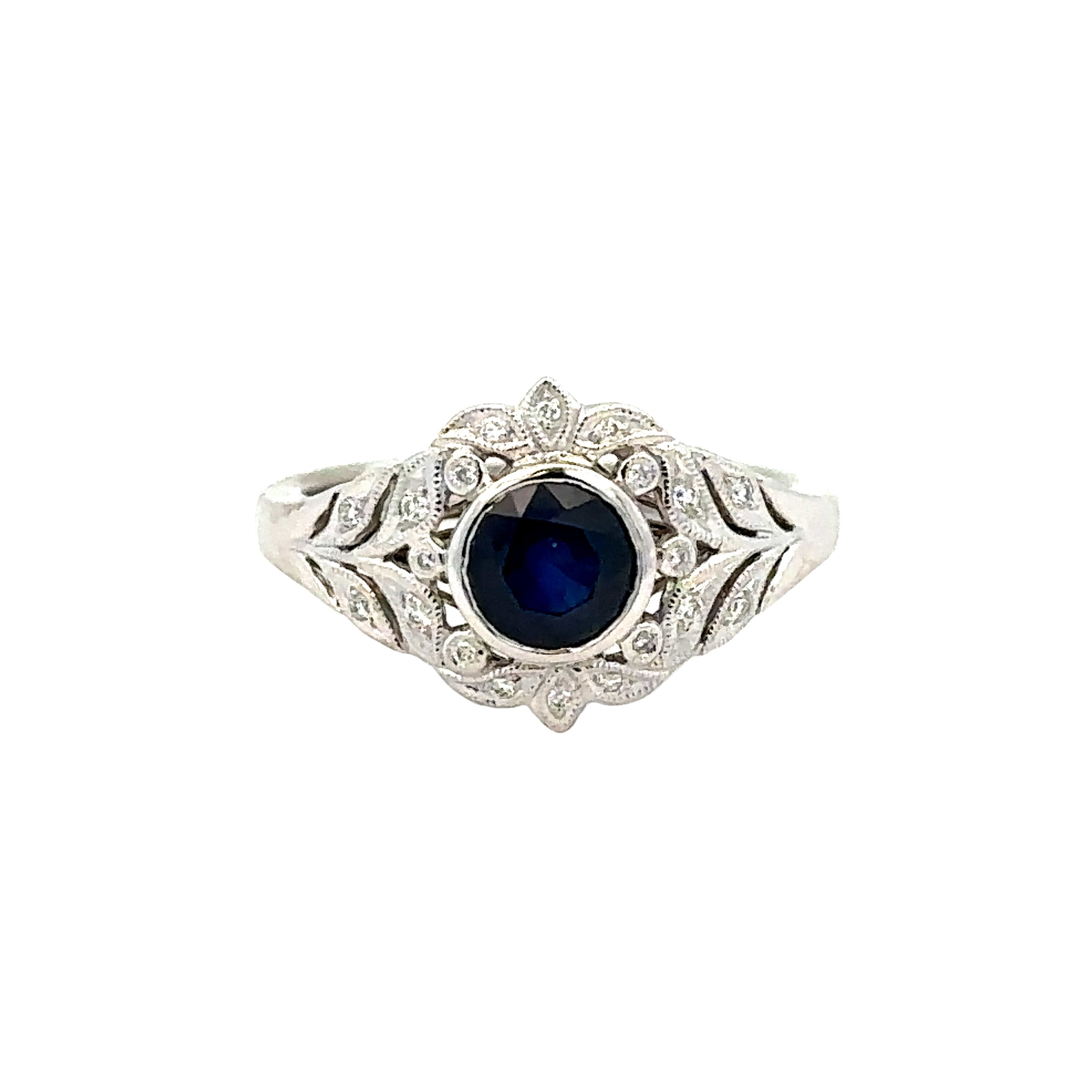 Lady's White 14 Karat Vintage Bezel Fashion Fashion Ring Size 6.5 With One 0.98Ct Round Sapphire And 0.08Tw Round G/H Si1 Diamonds