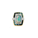 Lady's Yellow 14 Karat Athena Fashion Fashion Ring With One = 3.30Ct Cabochon Opal, = 2.70Tw Princess Blue Topazs And 0.45 Twt Other Stones