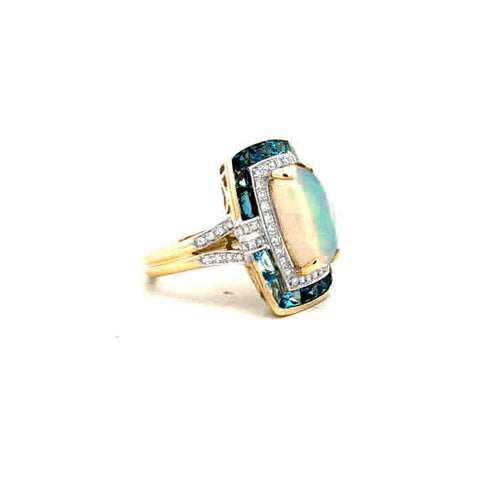Lady's Yellow 14 Karat Athena Fashion Fashion Ring With One = 3.30Ct Cabochon Opal, = 2.70Tw Princess Blue Topazs And 0.45 Twt Other Stones