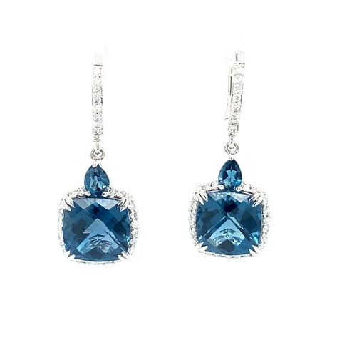 White Polished 14 Karat Cushion Halo Dangle Earrings With 0.33Tw Round G/H Si1 Diamonds And 5.61Tw Various Shapes Blue Topazs