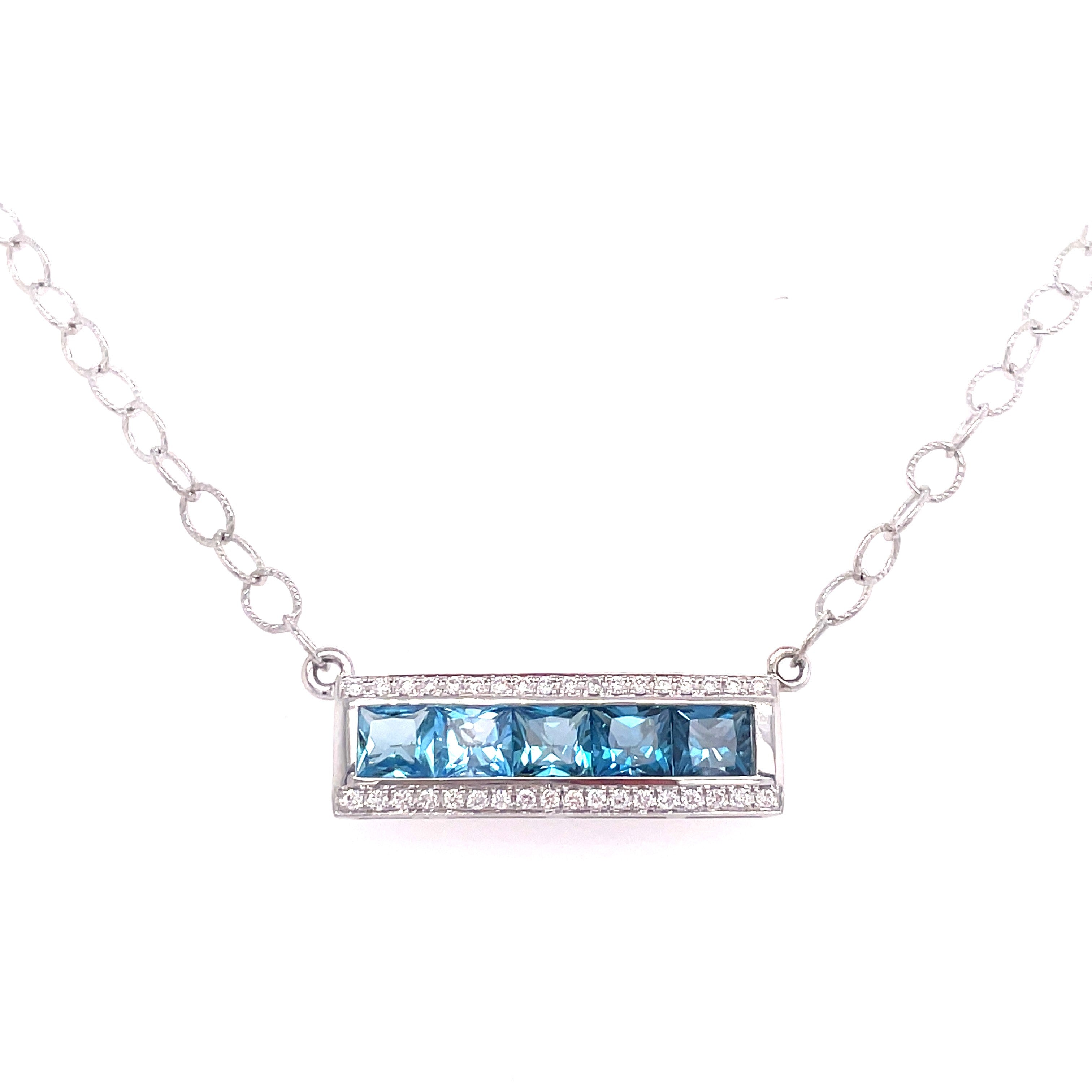 Lady's White 14 Karat Eternal Love Bar Necklace With 5=1.53Tw Princess Blue Topazs And 0.14Tw Round G/H Si1 Diamonds