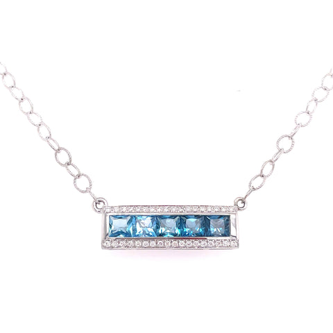 Lady's White 14 Karat Eternal Love Bar Necklace With 5=1.53Tw Princess Blue Topazs And 0.14Tw Round G/H Si1 Diamonds