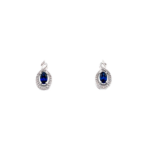 Lady's White Sterling Silver Rhodium Plated Twist Earrings With 2= Oval Created Sapphires And Round Diamonds Reg $150 Vendor Price $75 Purchases made from our Vendor Price case are not eligible for "complimentary" services. Standard ring sizings, setting