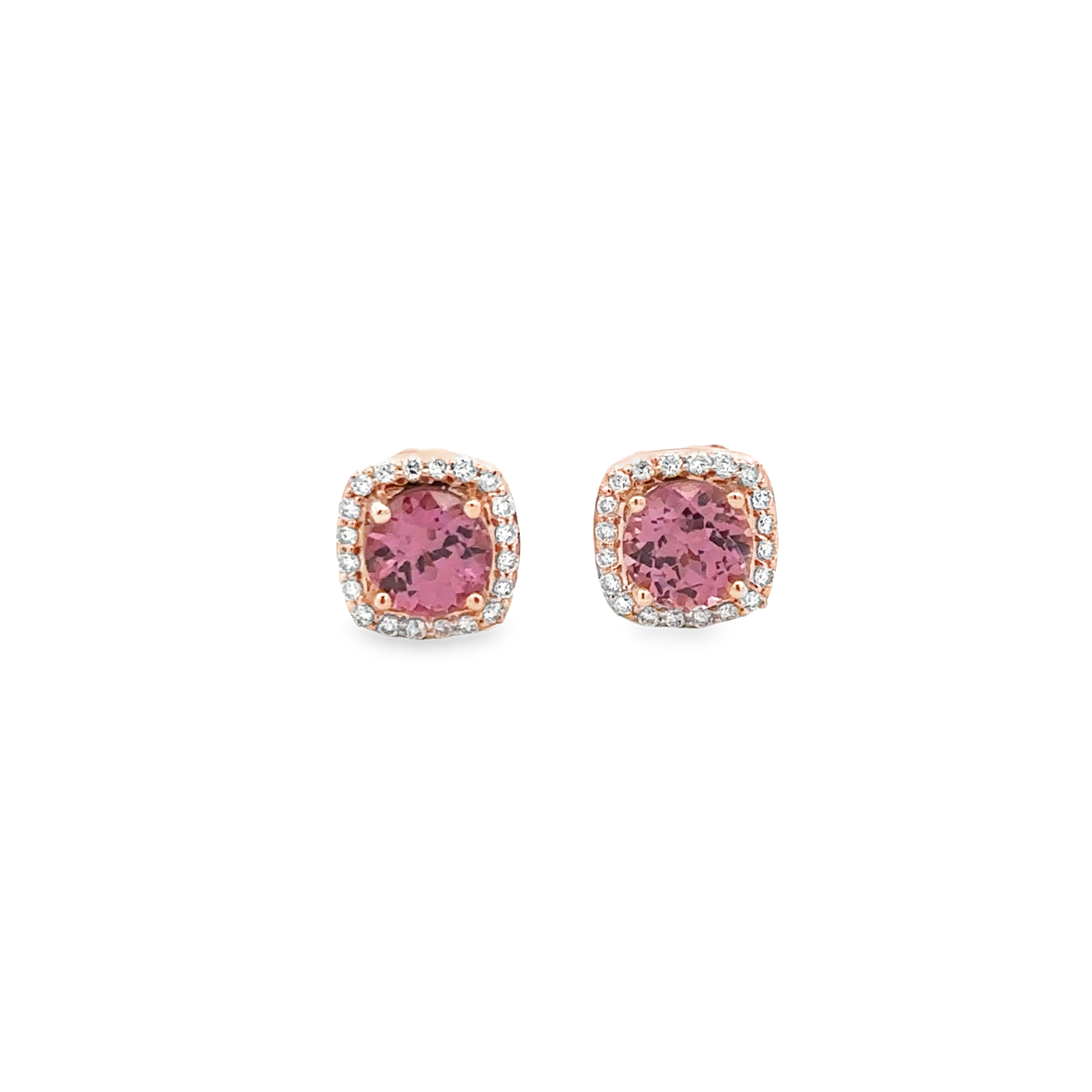 Lady's Rose 14 Karat Halo Fashion Earrings Earrings With 2 = 1.16Tw Round Lotus Garnets And = 0.16Tw Round H/I Si2 Diamonds