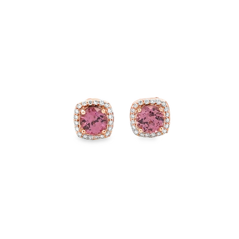 Lady's Rose 14 Karat Halo Fashion Earrings Earrings With 2 = 1.16Tw Round Lotus Garnets And = 0.16Tw Round H/I Si2 Diamonds