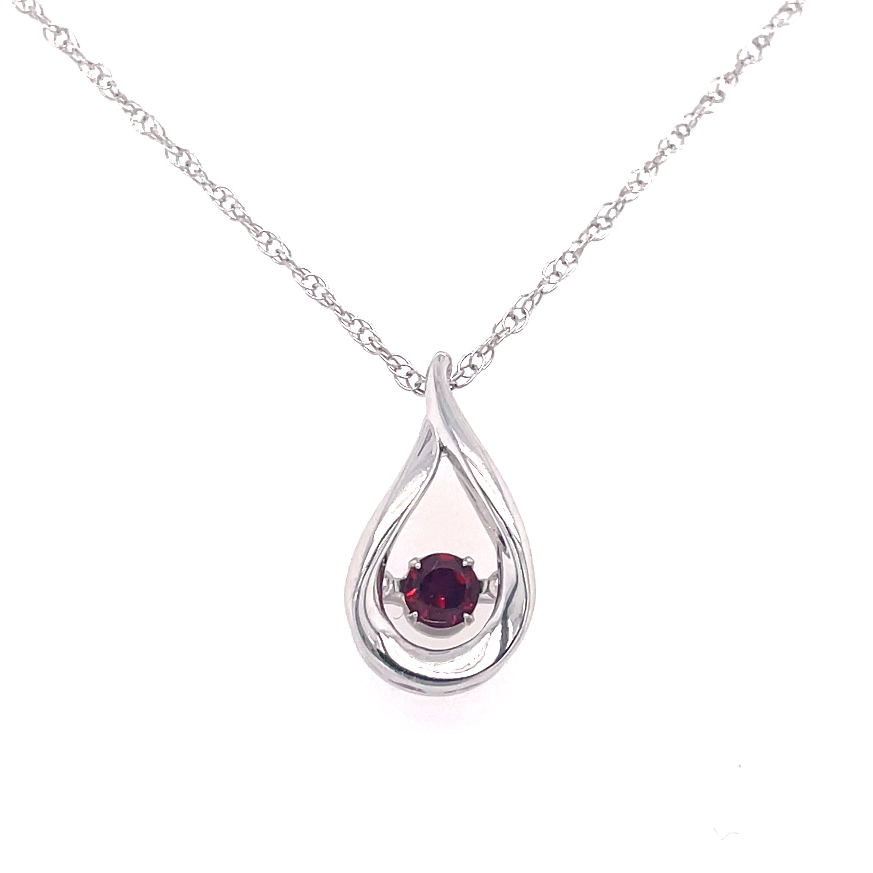 Lady's White Sterling Silver Teardrop Heartthrob Pendant Necklace Length 18 one = 0.26ct Round Garnet