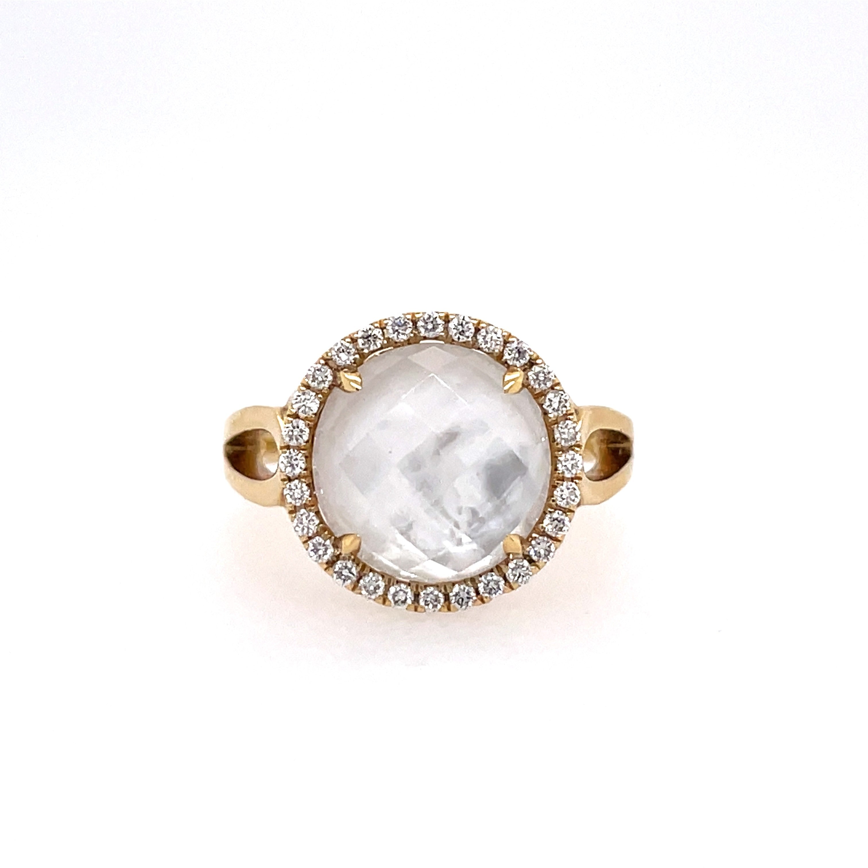 Lady's Yellow 18 Karat Round Halo Fashion Ring With One 5.09Ct R Mother Of Pearl And 28=0.24Tw Round G/H Si1 Diamonds Regularly $3000 Vendor Price $1500

Purchases made from our Vendor Price case are not eligible for "complimentary" services. Standard r