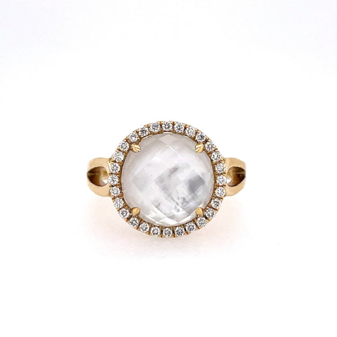 Lady's Yellow 18 Karat Round Halo Fashion Ring With One 5.09Ct R Mother Of Pearl And 28=0.24Tw Round G/H Si1 Diamonds Regularly $3000 Vendor Price $1500

Purchases made from our Vendor Price case are not eligible for "complimentary" services. Standard r