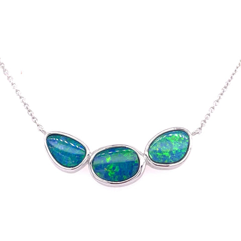 Lady's White 14 Karat Three Bezel, Doublet, Soldered Stationary Necklace With 3= Various Shapes Opals