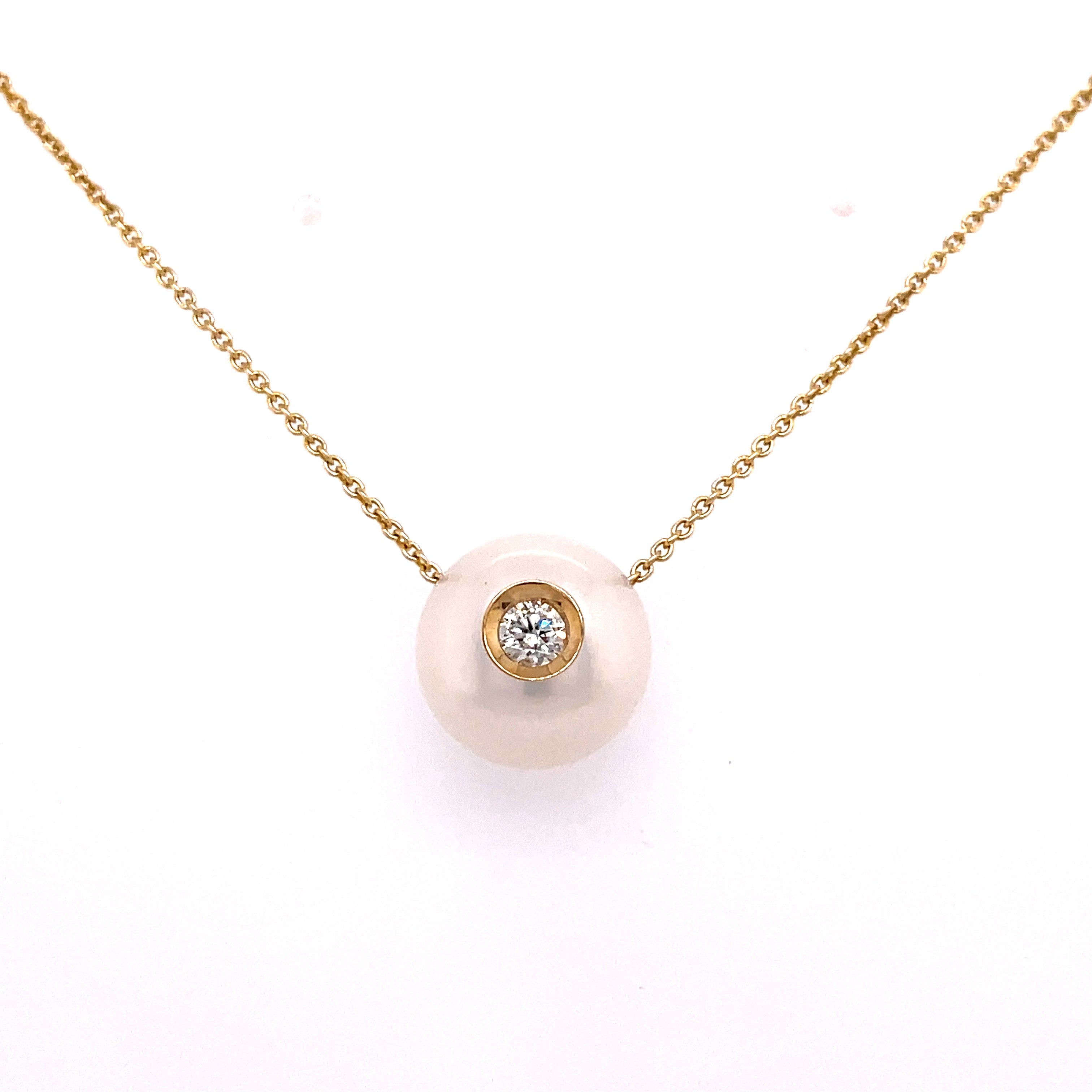 Lady's Yellow 14 Karat Bezel Necklace Length 18 With One 0.08Ct Round Diamond And Fresh Water Pearls