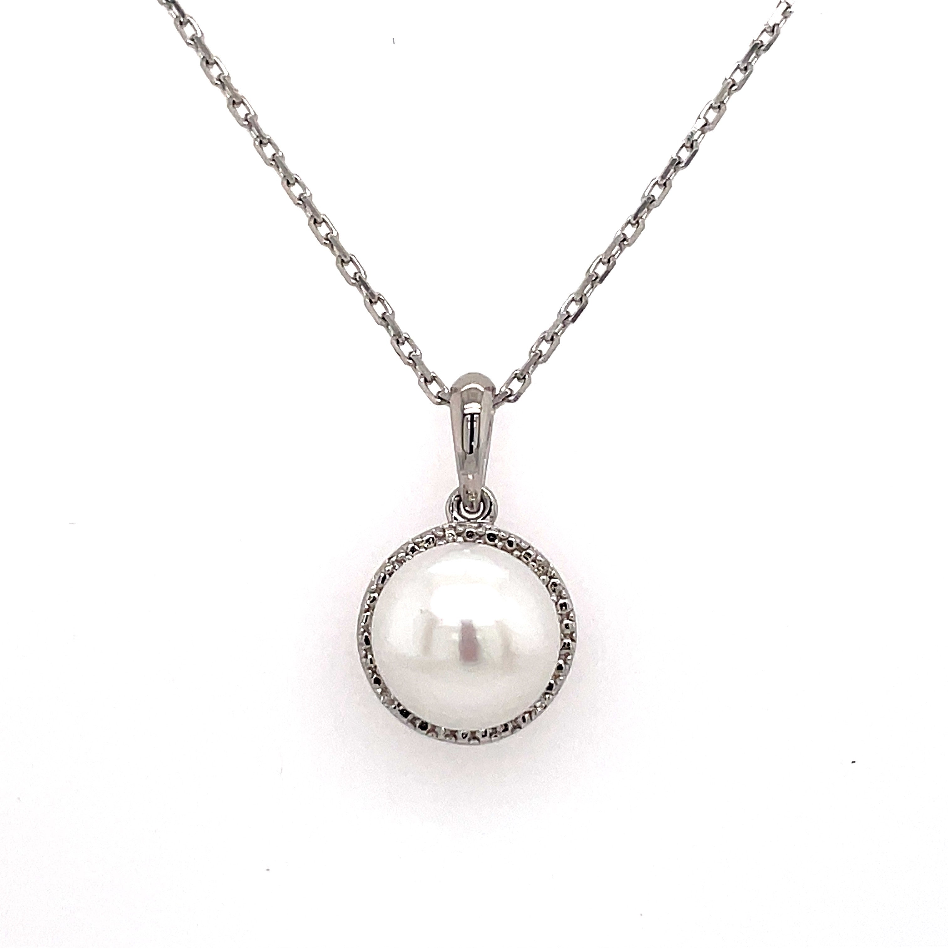 Lady's White Polished Sterling Silver Pearl Necklace Other With One Fresh Water Pearl And 0.01Tw Round H/I I1 Diamonds