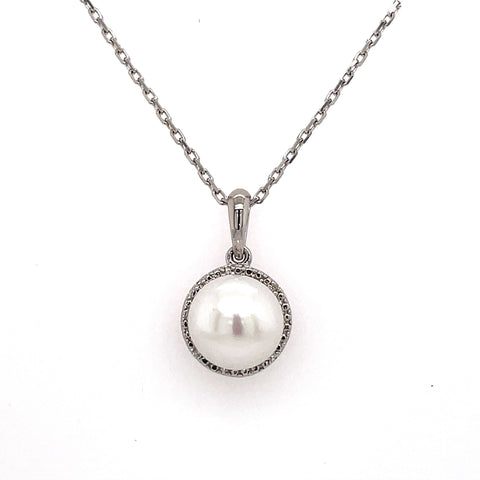 Lady's White Polished Sterling Silver Pearl Necklace Other With One Fresh Water Pearl And 0.01Tw Round H/I I1 Diamonds