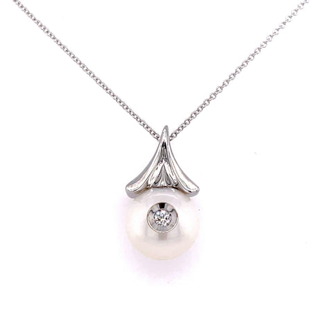 Lady's White Polished 14 Karat Diamond In A Pearl Dangle Fashion Pendant Other Length 18 With One Fresh Water Pearl And One 0.04Ct Round G/H Si1 Diamond