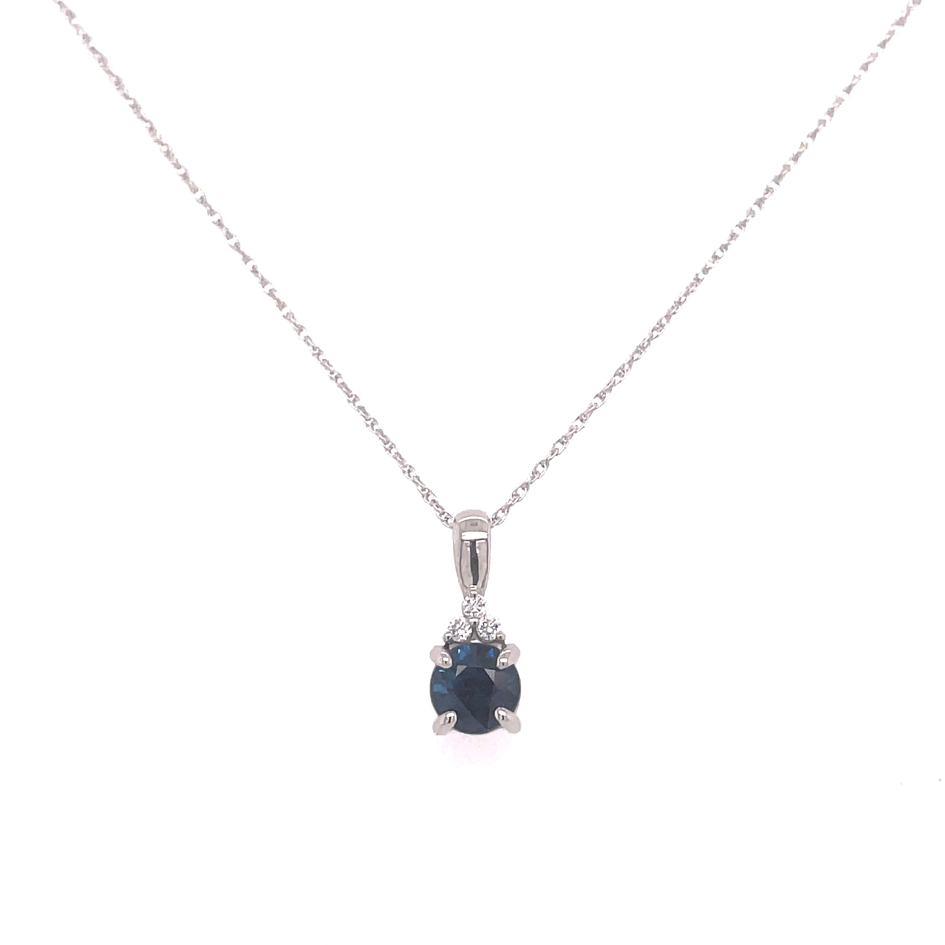 Lady's White 14 Karat Solitaire Necklace With One 0.61Ct Round Sapphire And 0.03Tw Round G/H I1 Diamonds, Regularly $1800 Vendor Price $900

Purchases made from our Vendor Price case are not eligible for "complimentary" services. Standard ring sizings,
