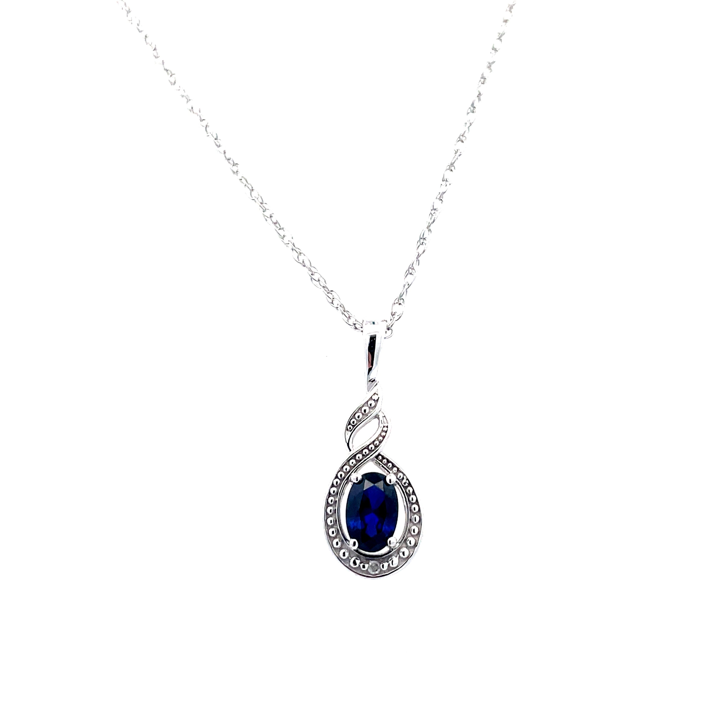 Lady's White Sterling Silver Rhodium Plated Twist Necklace With One Oval Created Sapphire And Round Diamonds Reg $150 Vendor Price $75 Purchases made from our Vendor Price case are not eligible for "complimentary" services. Standard ring sizings, setting