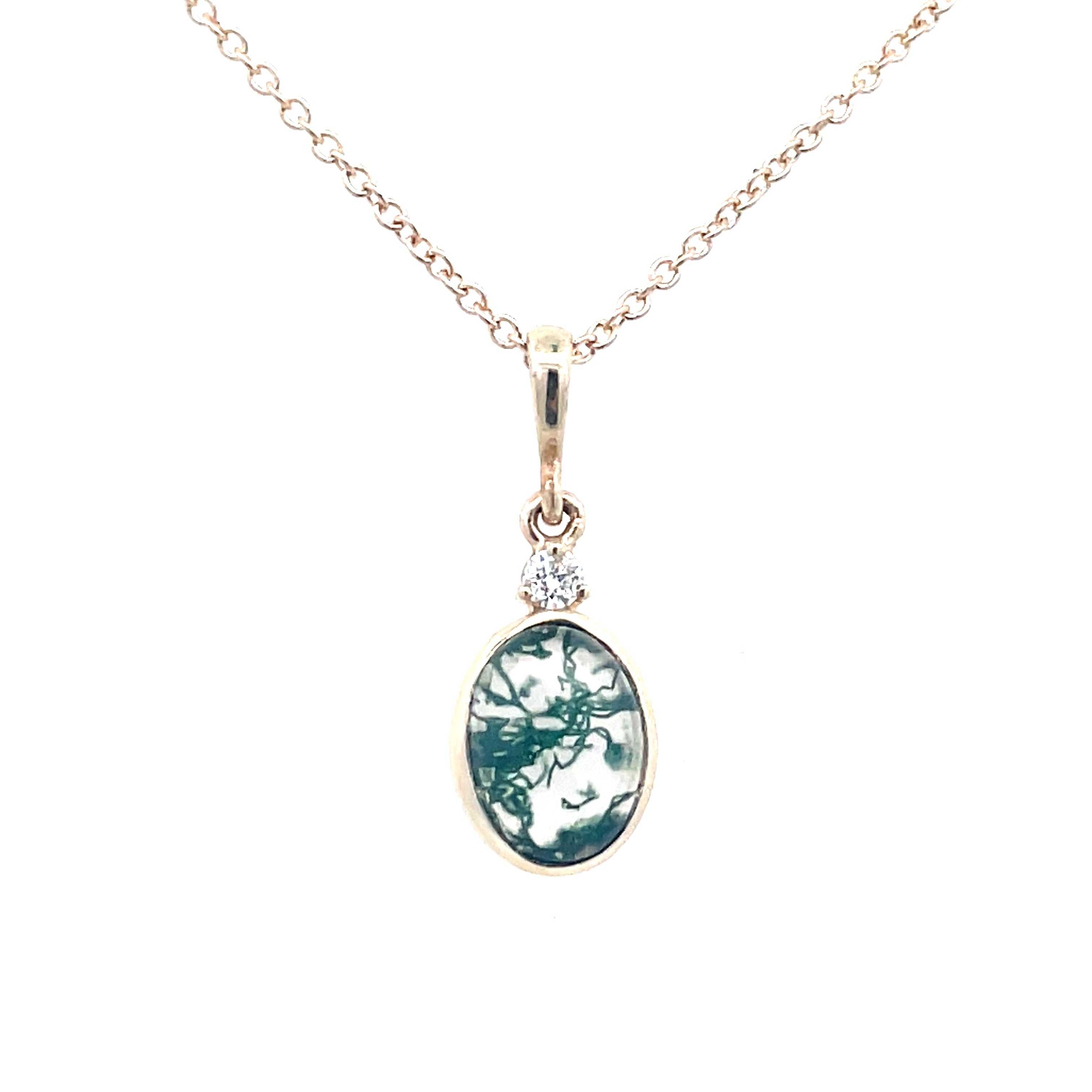Lady's Yellow 14 Karat Oval Cabochon Necklace Length 18 With One 8.00X6.00Mm O Moss Agate And One 0.02Ct Round H/I I1 Diamond

**Colors and Pattern May Vary