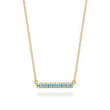 Lady's Yellow 14 Karat Prong Set Bar, Stationary Necklace Length 17.5 With 8 0.31Tw Round Blue Topazs