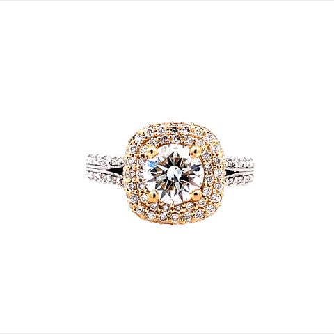 Lady's White/Yellow 14 Karat Pave' Halo With Split Side Ring With One 1.06Ct Round D Si1 Lab Created Diamond And 1.73Tw Round G/H Si1 Natural Diamonds