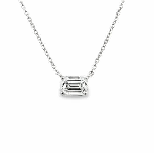 Lady's White 14 Karat Stationary Lab Created Necklace Length 18 With One = 1.00Ct Emerald E Vs2 Lab Created Diamond