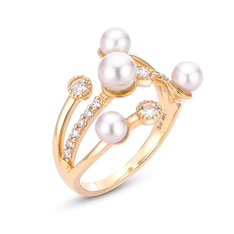 Lady's Yellow 14 Karat Akoy Fashion Ring Size 7 With 4=3.50-5.50Mm Akoya Pearls And 13=0.35Tw Round G/H Si1 Diamonds