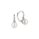 Lady's White Sterling Silver Leverback Earrings With 2= Fresh Water Pearls And 2=0.04Tw Round H/I Si2 Diamonds