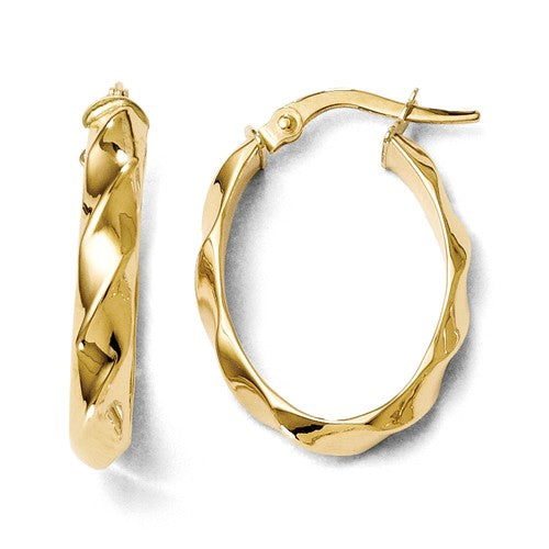 Lady's Yellow 14 Karat Medium, Elongated Textured Hoop Earrings