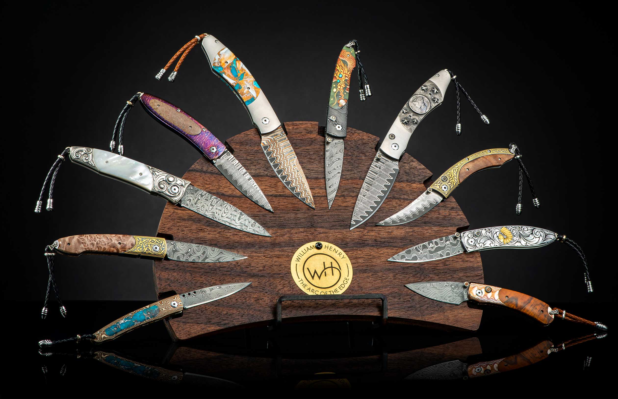 Display your collection for all to see! This beautiful maple display rack mounts easily on your wall, or on the included display stand. Highlight your 10 'most favorite' William Henry knives with style. 

**Knives shown in picture not included!