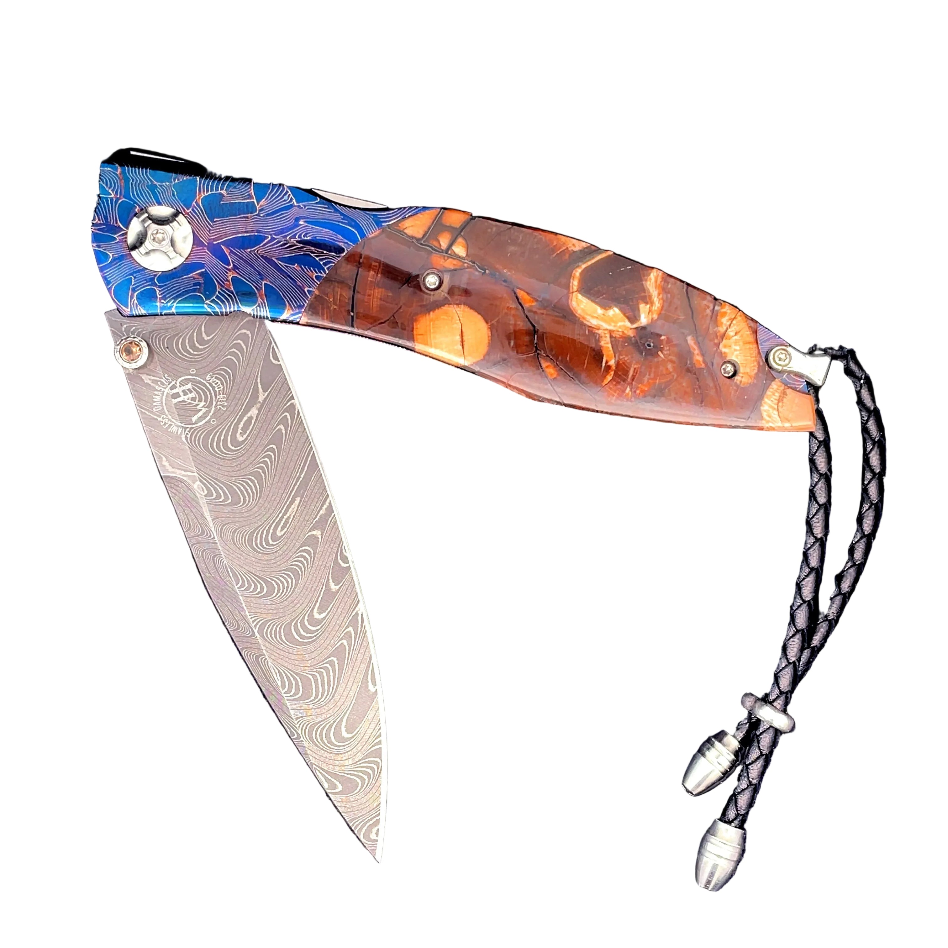 The Omni 'Blue Dawn' William Henry Knife with Hand Forged and Heat Blued 'X-Out' Damascus Steel with Woolly Mammoth Tusk Fossil Inlay Frame and 'Boomerang' Damascus Steel Blade