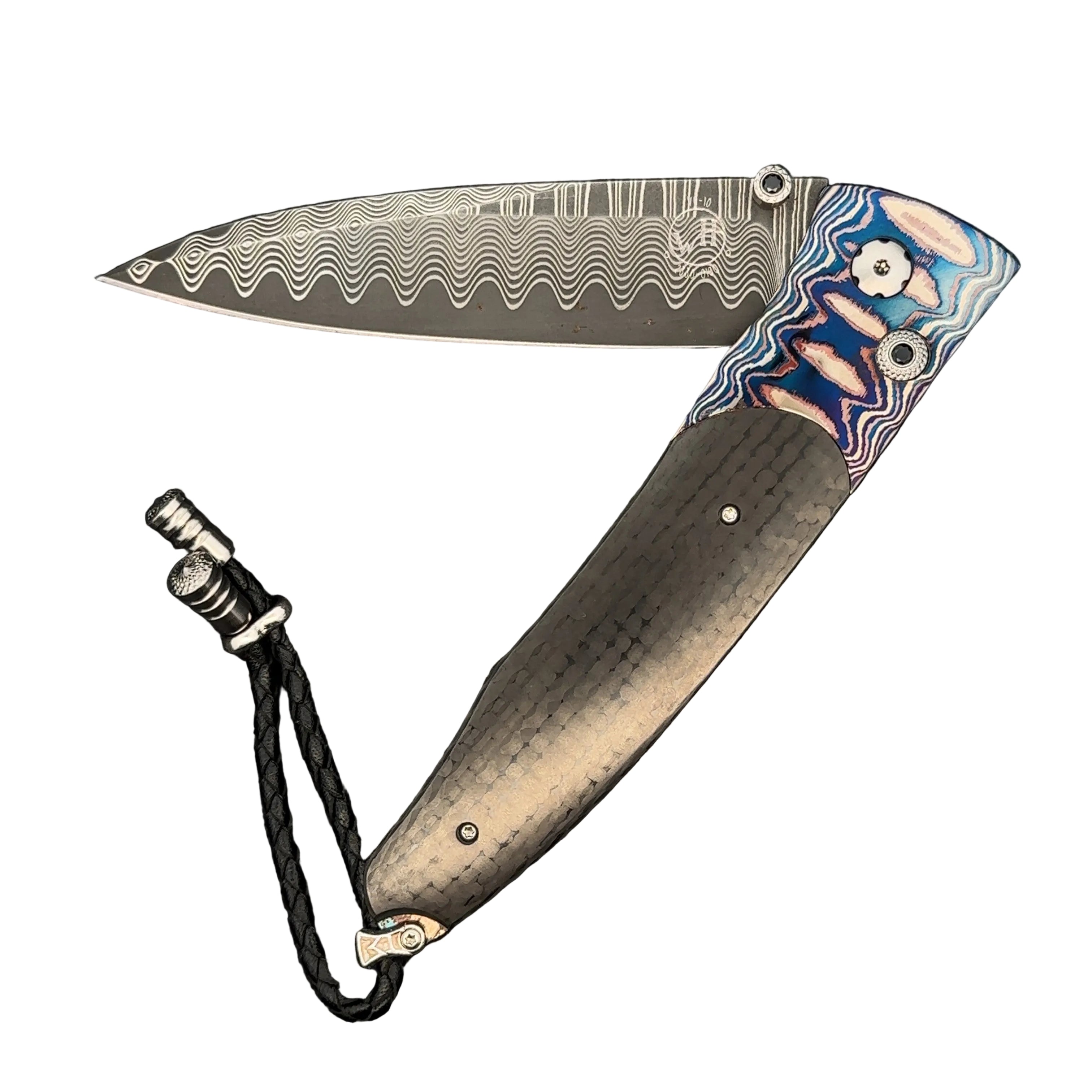 The Gentac ‘Azure Sky' William Henry Knife with Heat Colored 'Wave' Mokume Gane and Carbon Fiber Inlay and 'Wave' Damascus Steel Blade