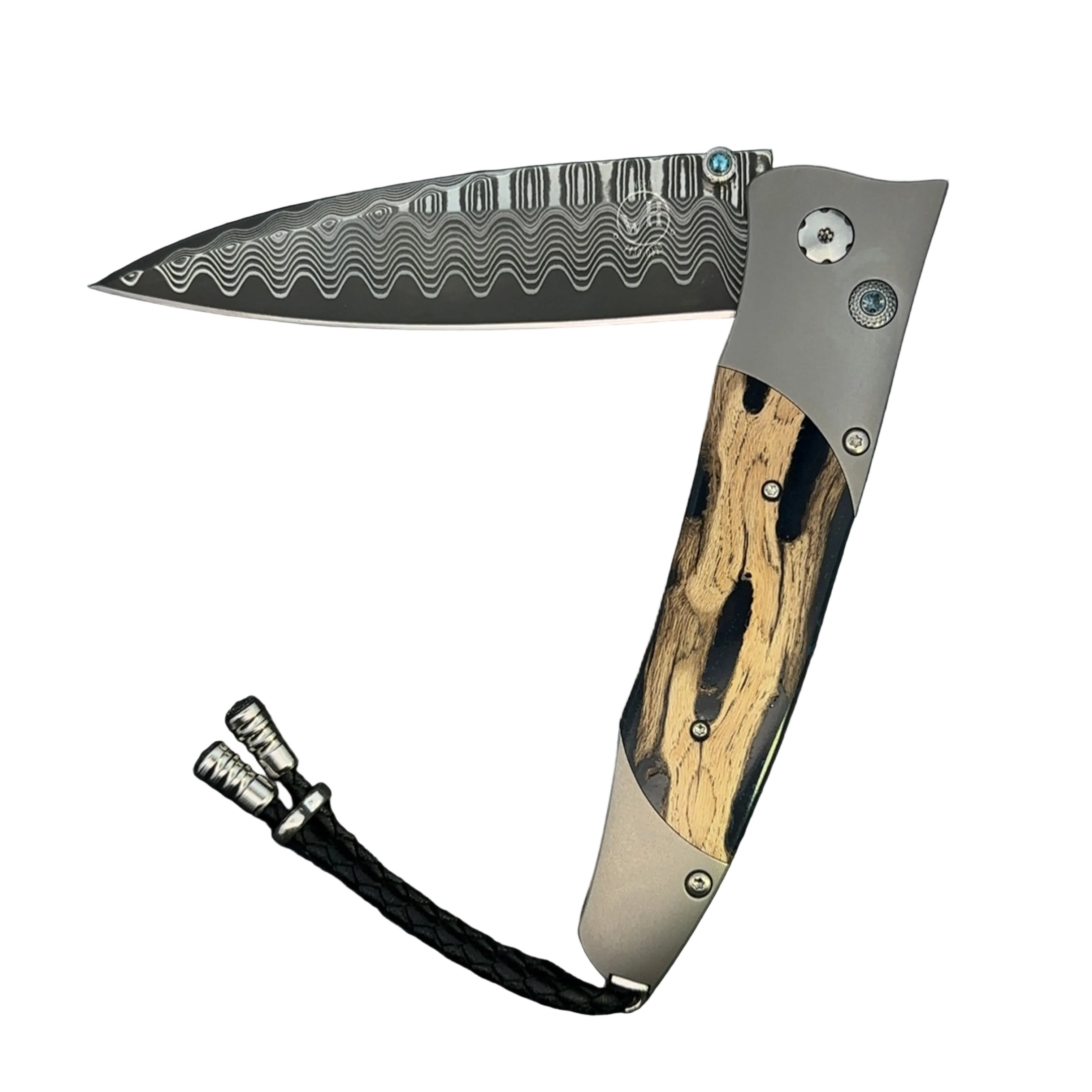 The Gentac ‘Cactus Blues' William Henry Knife with Titanium Frame with Cholla Cactus Wood Scales and 'Wave' Damascus Steel Blade with VG-10 Core.