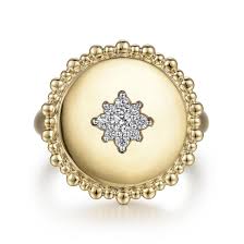 Lady's Yellow 14 Karat Star Signet Fashion Ring Size 6.5 With 0.16Tw Round H/I Si2 Diamonds