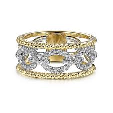 Lady's Yellow/White 14 Karat Chain Link With Rope Edge Fashion Ring Size 6.5 With 0.43Tw Round H/I Si2 Diamonds
