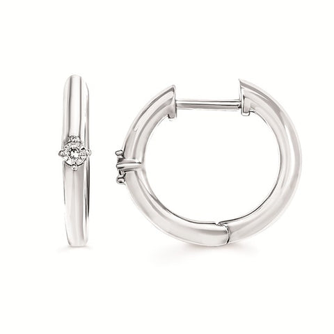Lady's White Sterling Silver Single Stone Hoop Earrings With 2=0.01Tw Round H/I Si2 Diamonds