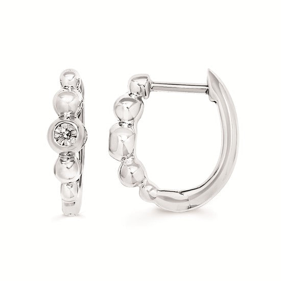 Lady's White Sterling Silver Beaded Hoop Earrings 2 0.01tw Round H/I SI2 Diamonds
