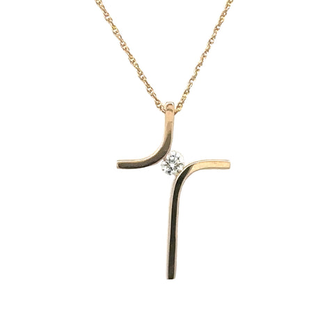 Lady's Yellow 14 Karat Cross Pendant With Diamond Pendant With One 0.07Ct Round G/H Si1 Diamond