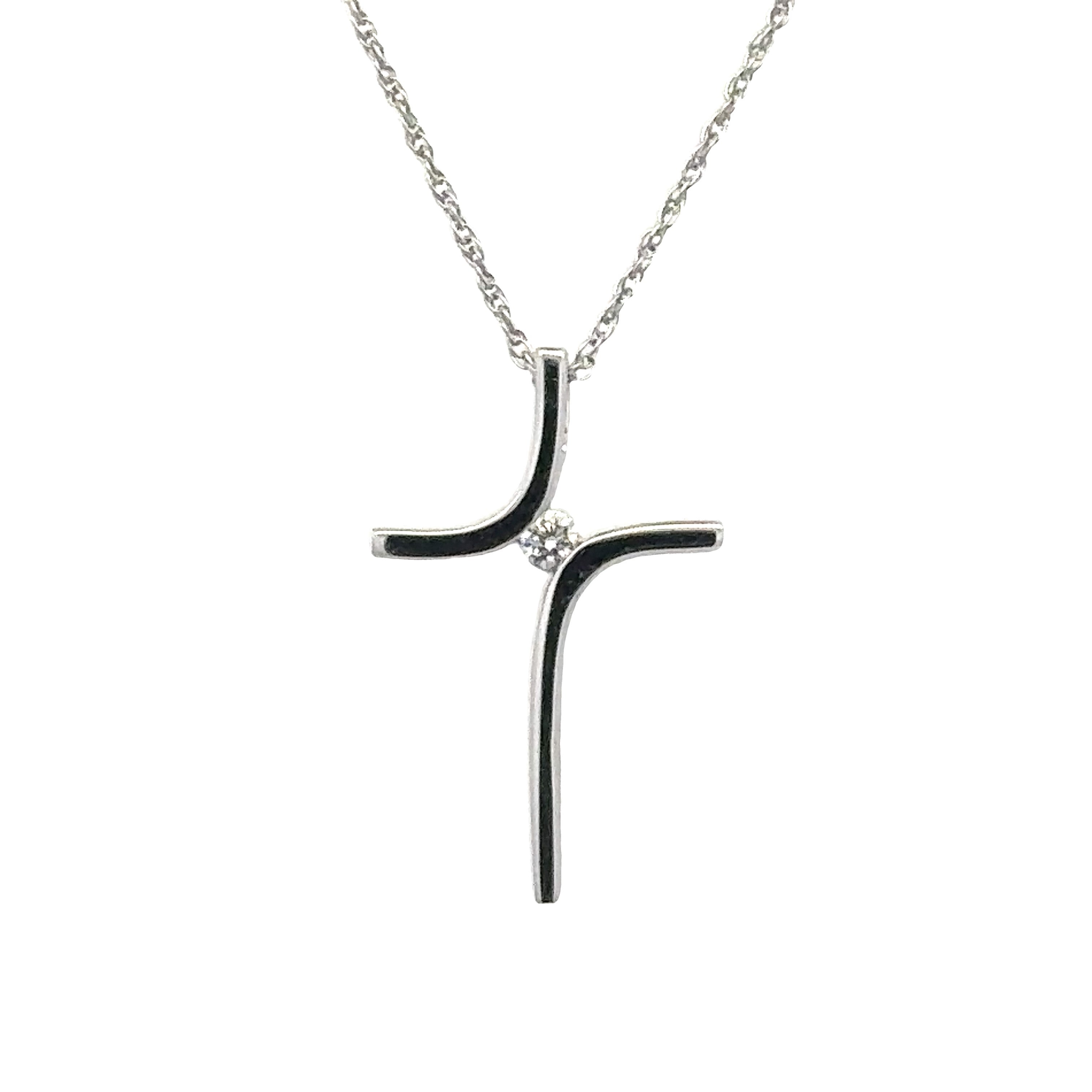 White 14 Karat Cross Pendant Length 18 With One 0.03Ct Round G/H Si1 Diamond