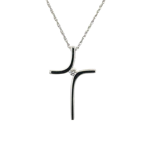 White 14 Karat Cross Pendant Length 18 With One 0.03Ct Round G/H Si1 Diamond
