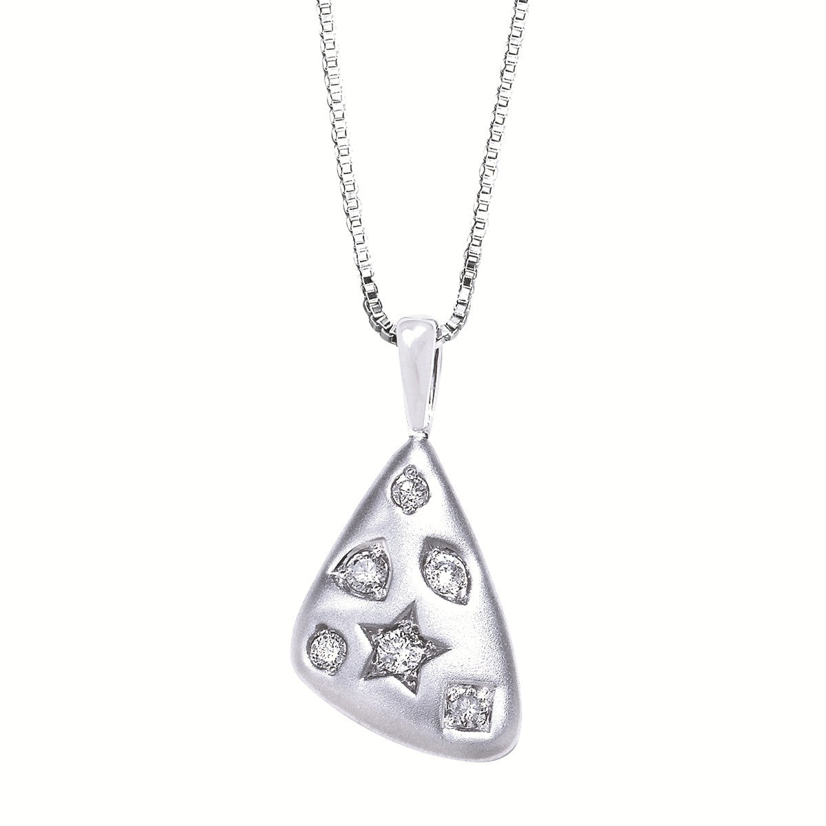 White Sterling Silver Modern Inlay Fashion Pendant Length 18 With 0.25Tw Various Shapes H/I Si2 Diamonds Style: Box
Metal: Sterling Silver
Color: White
Finish: Polished