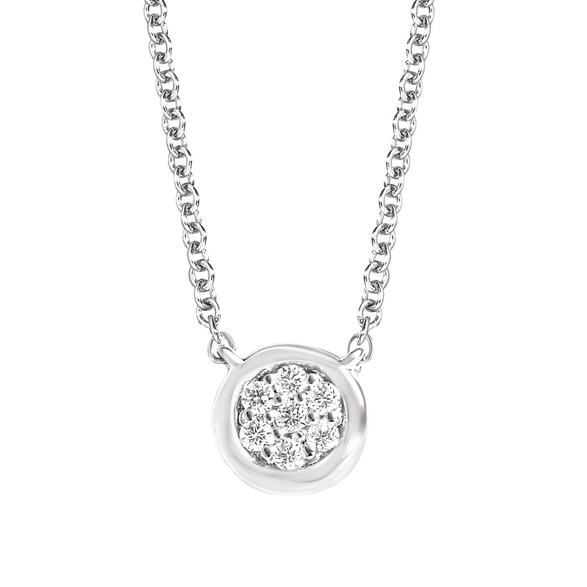 White Sterling Silver Round Cluster Pendant Length 18 With 7 0.05Tw Round H/I Si2 Diamonds Style: Link
Metal: Sterling Silver
Color: White
Finish: Polished